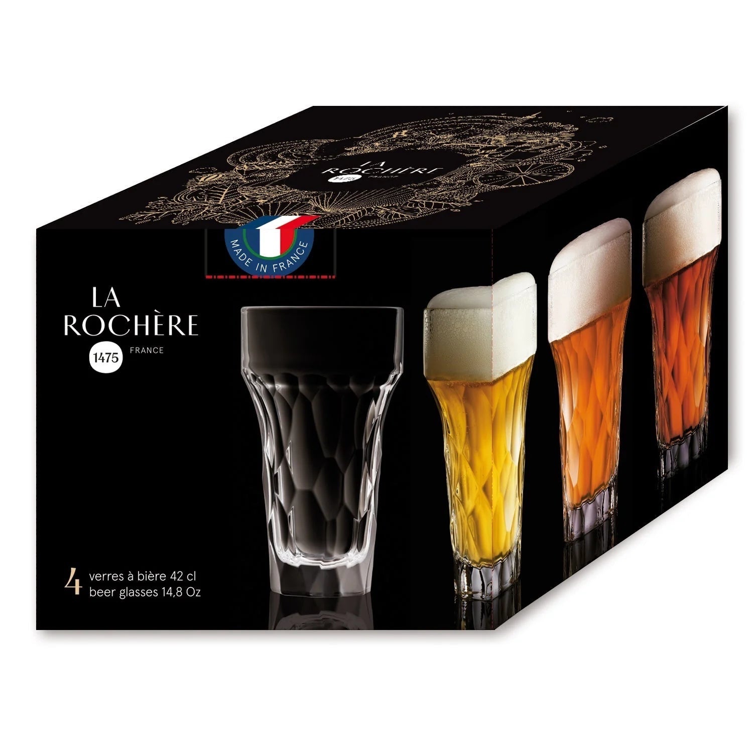 Eclectic La Rochère Silex clear pressed glass beer set of four with a structured, flint-inspired geometric design.