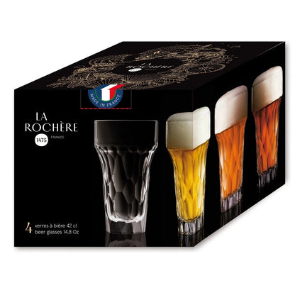 Eclectic La Rochère Silex clear pressed glass beer set of four with a structured, flint-inspired geometric design.