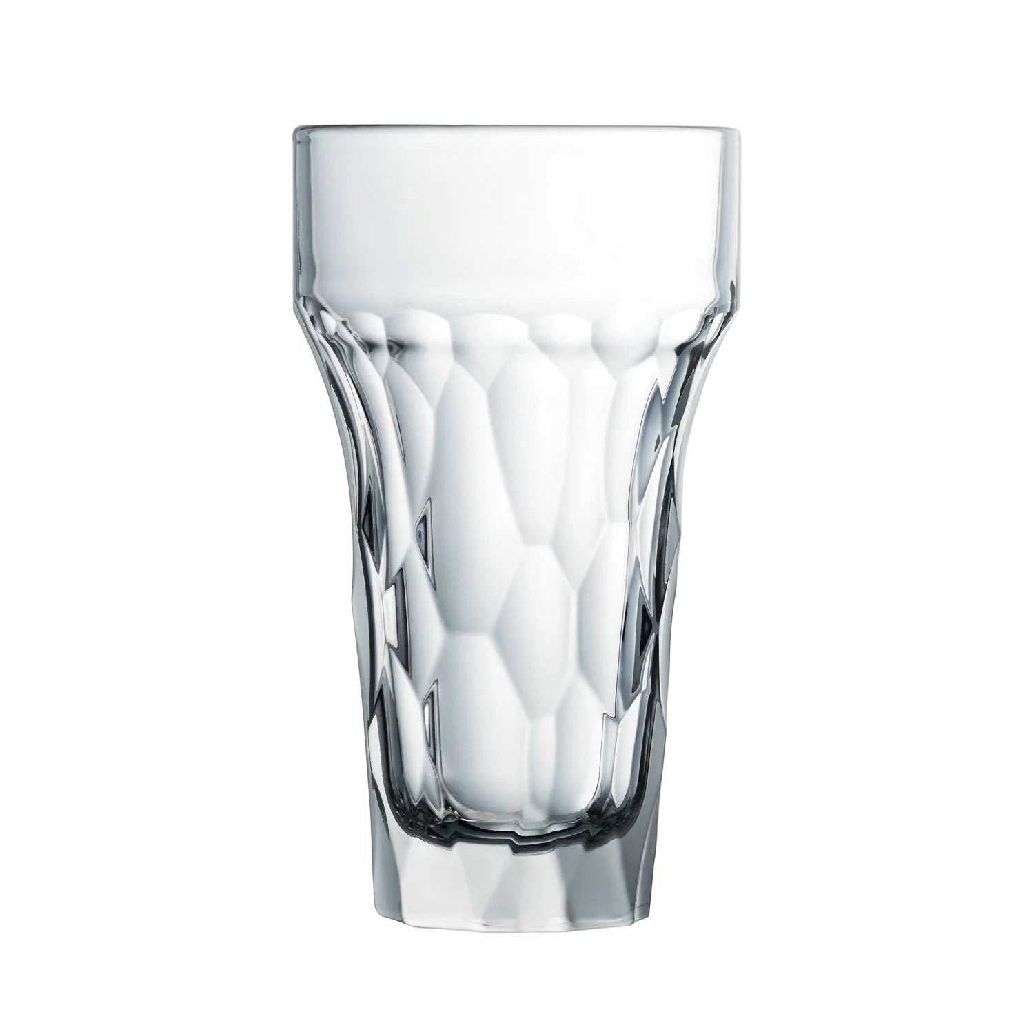Eclectic La Rochère Silex clear pressed glass beer glass with a structured, faceted industrial design.