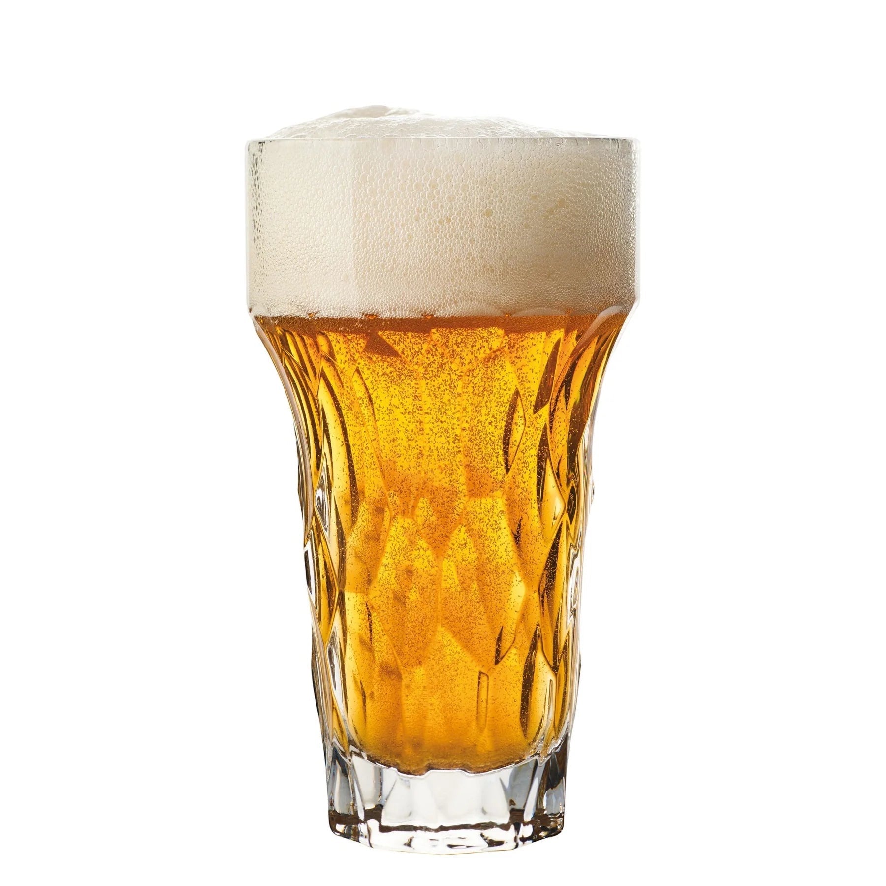 Eclectic La Rochère Silex clear pressed glass beer glass with a textured flint-inspired design filled with lager