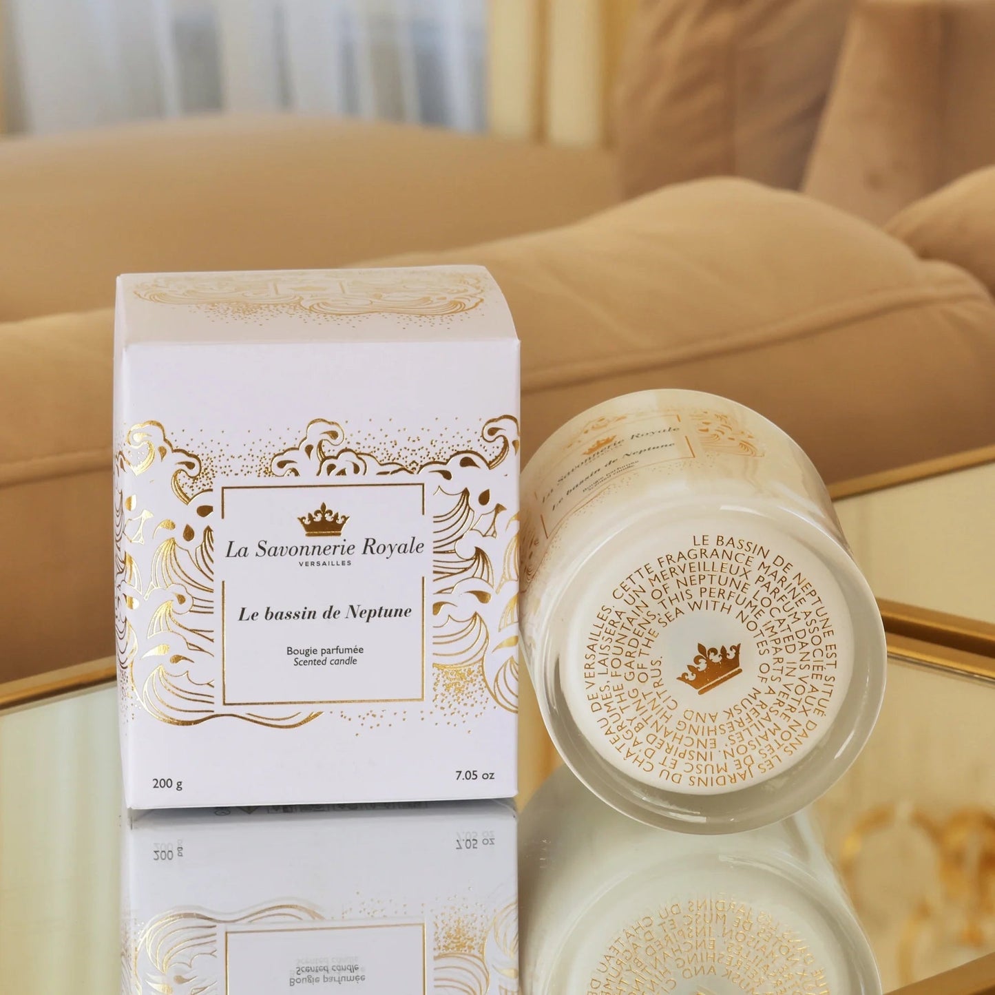 Eclectic La Savonnerie Royale Le Bassin de Neptune scented candle in a decorative glass jar with its white gold box.