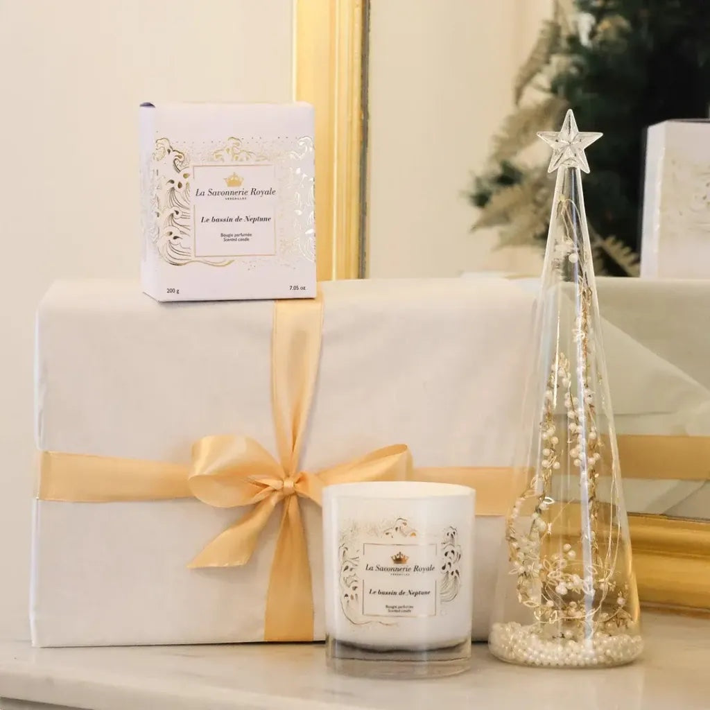 Eclectic La Savonnerie Royale Le Bassin de Neptune candle with box and glass tree decor on a gift-wrapped package.