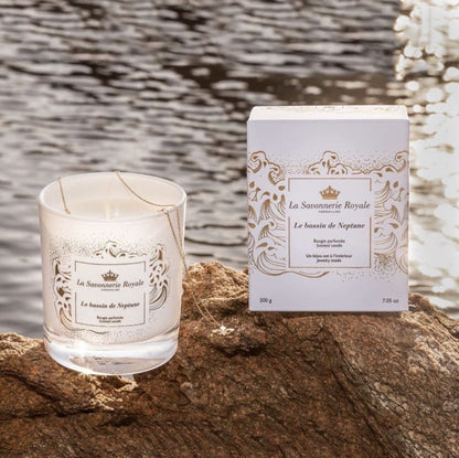 Eclectic La Savonnerie Royale Le Bassin de Neptune scented candle in a decorative glass jar with its matching box.