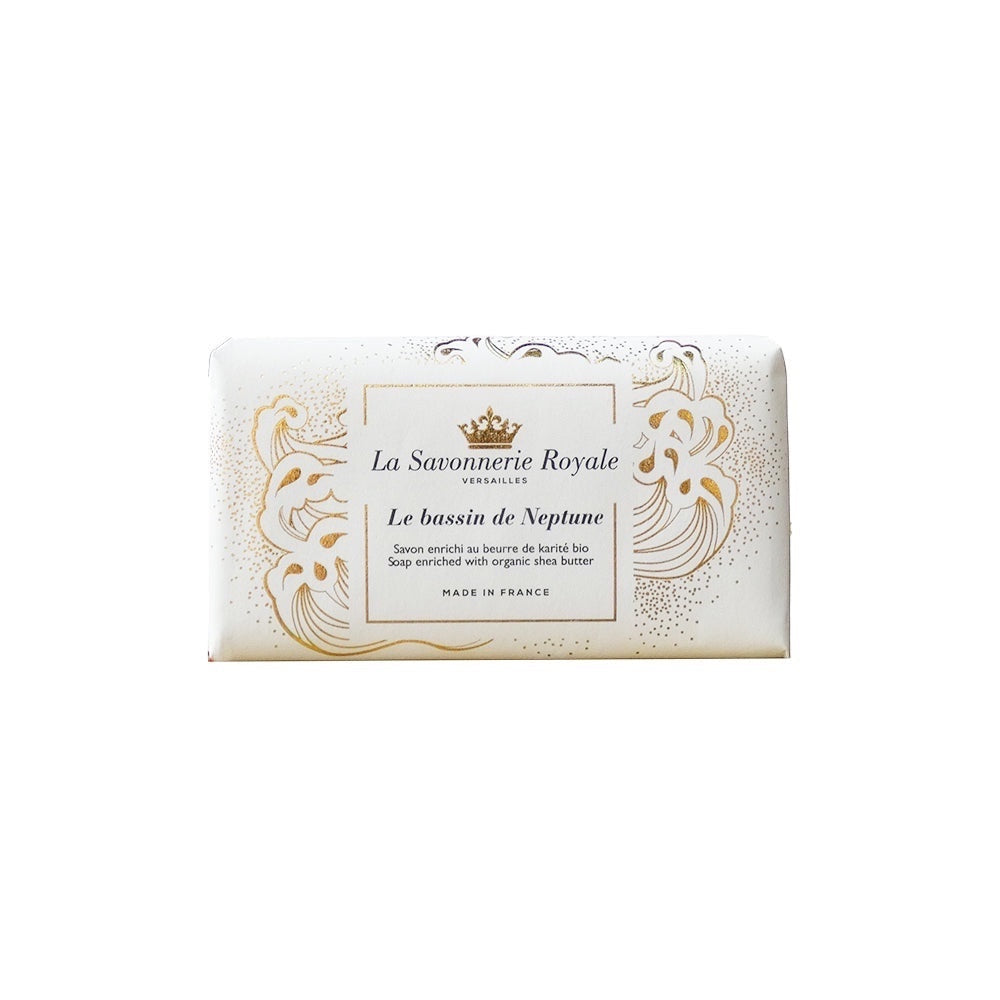 Eclectic La Savonnerie Royale Le Bassin de Neptune soap bar in elegant white packaging with gold fleur-de-lys detailing.