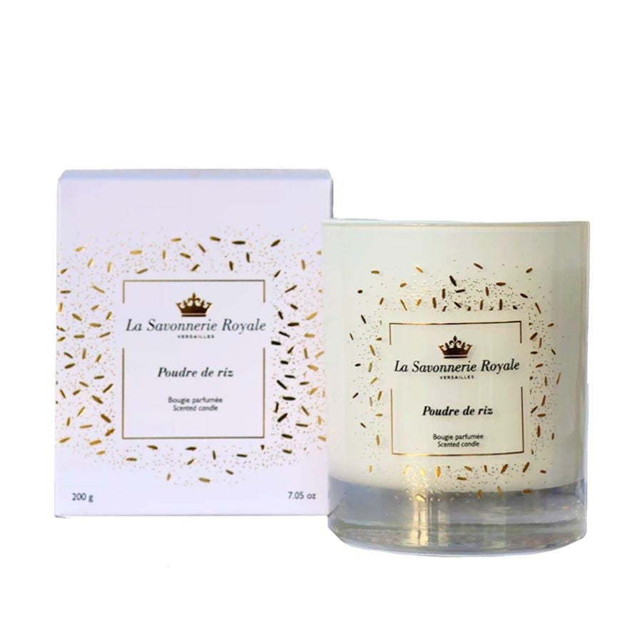 Eclectic La Savonnerie Royale Poudre de Riz scented candle in a decorative glass vessel with matching white box
