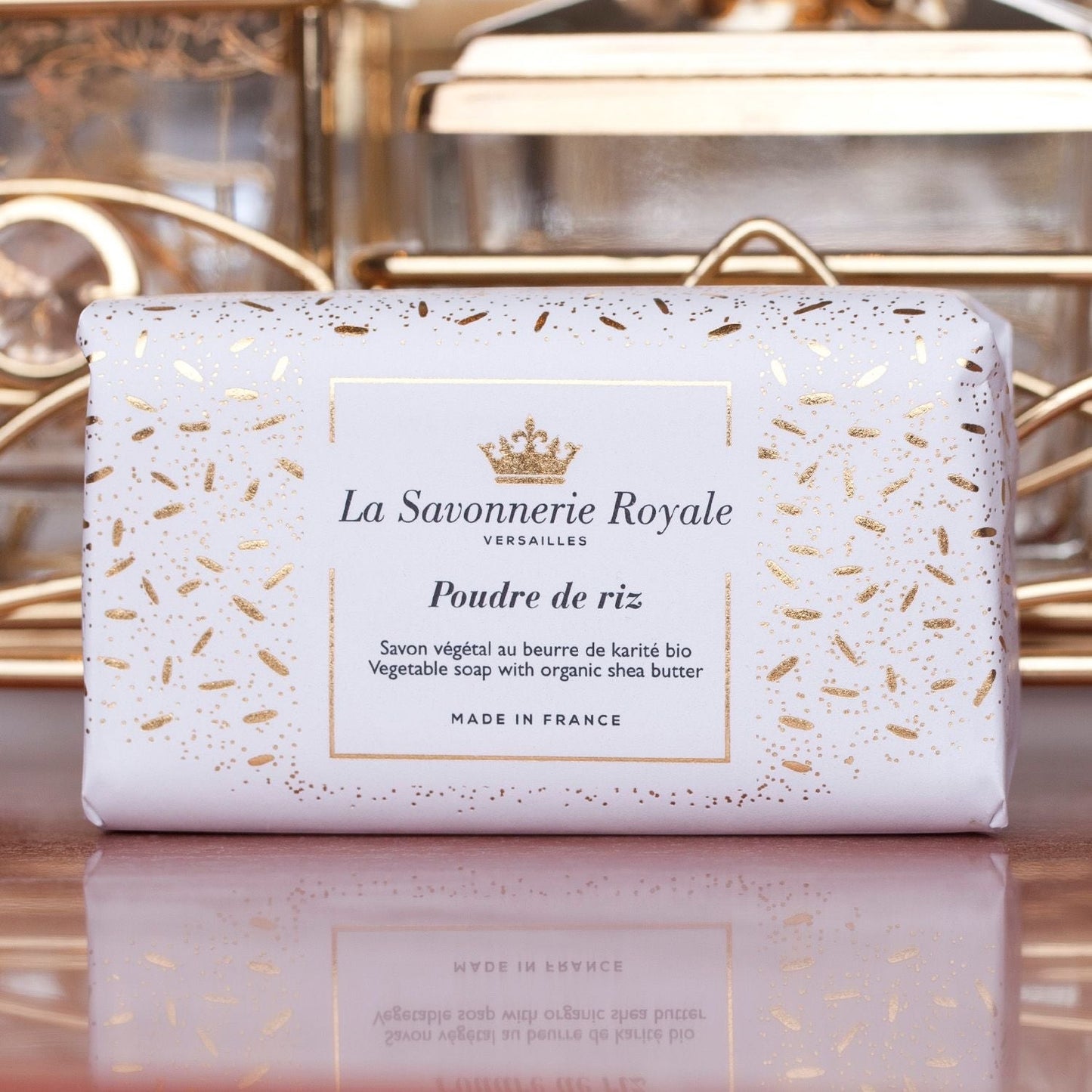 Eclectic La Savonnerie Royale Poudre de Riz soap bar in elegant white and gold illustrated packaging