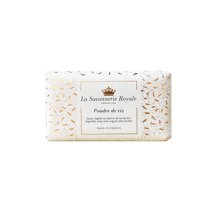 Eclectic La Savonnerie Royale Poudre de Riz vegetable soap bar in elegant white and gold illustrated packaging.