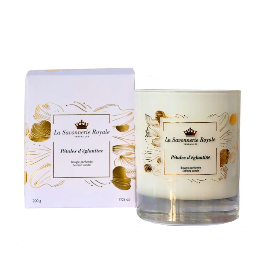 Eclectic La Savonnerie Royale Petales d'Eglantine rose scented candle in an ornate glass vessel with matching box