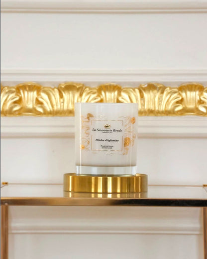 Eclectic La Savonnerie Royale Petales d’Eglantine candle in an ornate glass vessel with gold accents on a gold base.
