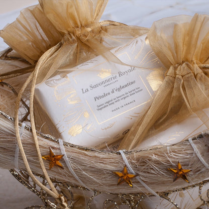 Eclectic La Savonnerie Royale Petales d'Eglantine rose soap in decorative gold organza gift packaging