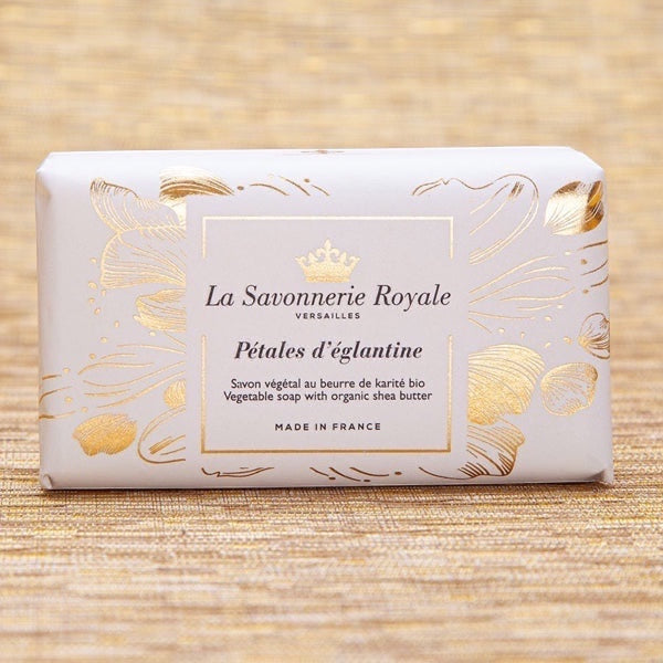 Eclectic La Savonnerie Royale Petales d'Eglantine rosehip soap in elegant white packaging with gold floral details