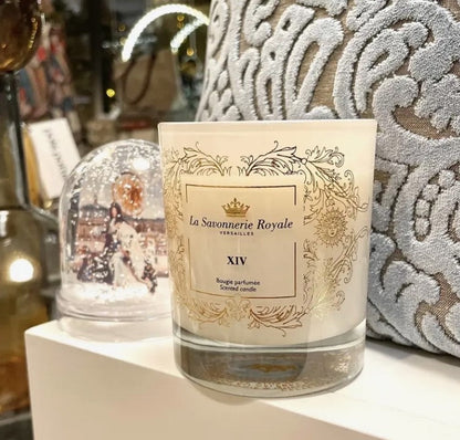 Eclectic La Savonnerie Royale XIV scented candle in a decorative glass vessel with ornate gold Versailles detailing