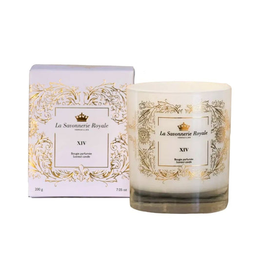 Eclectic La Savonnerie Royale XIV scented candle in a decorative glass vessel with gold ornate detailing and box.