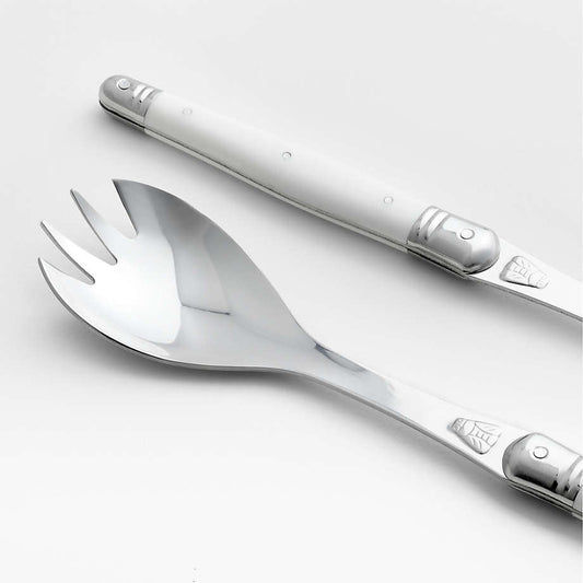 Eclectic Laguiole Jean Dubost salad server set with stainless steel heads and ivory-coloured handles featuring bee emblem