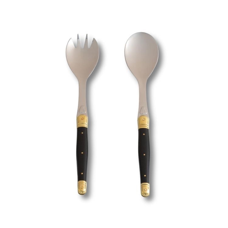 Eclectic Laguiole Jean Dubost salad set with stainless steel heads, black ABS handles, and polished brass accents.