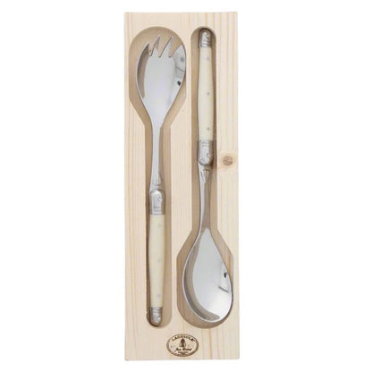 Eclectic Laguiole Jean Dubost salad server set with ivory ABS handles and stainless steel in a wooden gift box