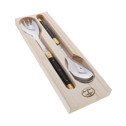 Eclectic Laguiole Jean Dubost salad server set with black ABS handles, brass caps, and stainless steel in a wooden box.