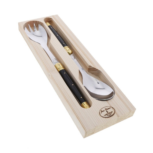 Eclectic Laguiole Jean Dubost salad server set with black ABS handles, brass caps, and stainless steel in a wooden box.
