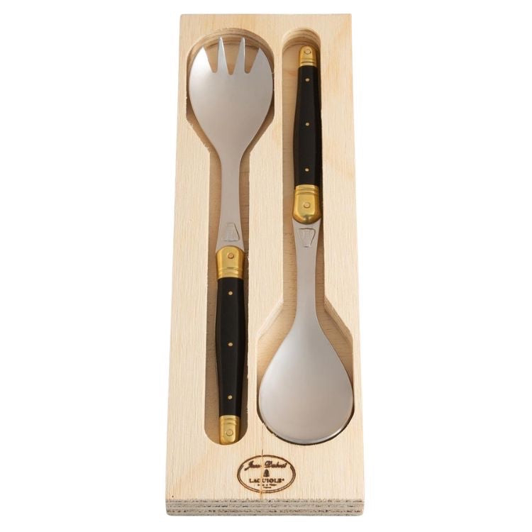 Eclectic Laguiole Jean Dubost salad server set with black ABS handles and brass caps in a wooden presentation box