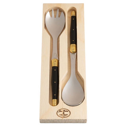 Eclectic Laguiole Jean Dubost salad server set with black ABS handles and brass caps in a wooden presentation box
