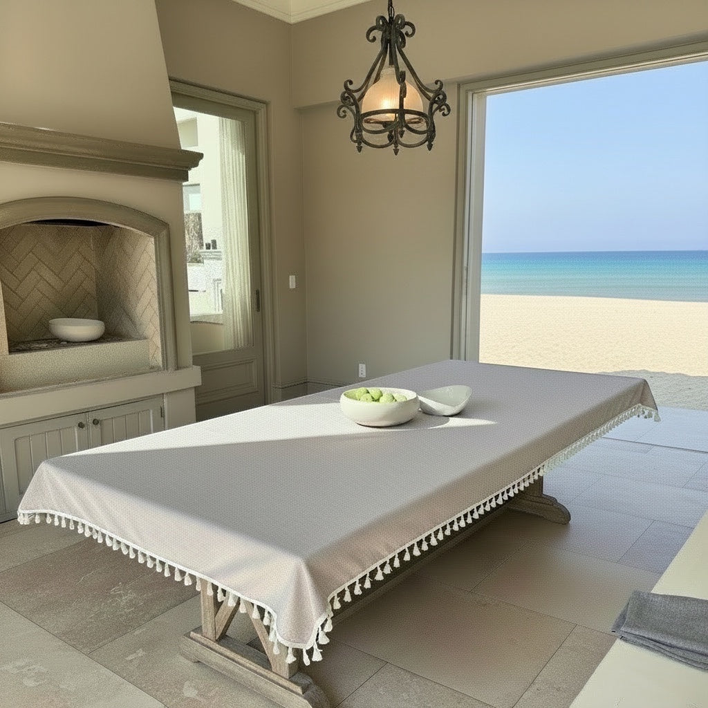 Eclectic light coffee linen blend waterproof tablecloth with tassel trim on a dining table overlooking the beach.