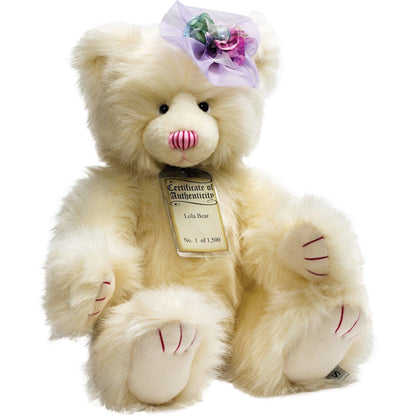 Eclectic Lola Silver Tag Bear in white Soft-Luxe plush with a lilac tulle corsage and numbered authenticity tag.