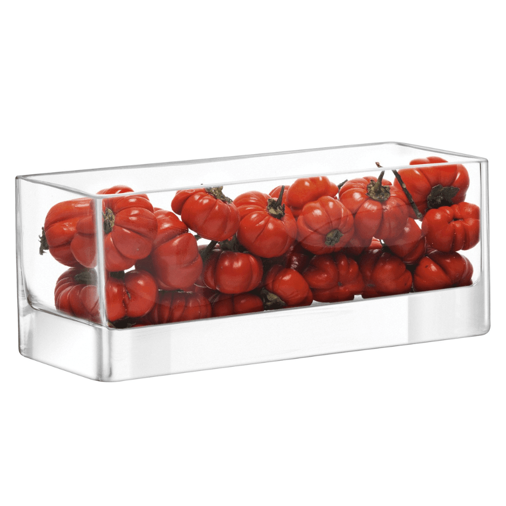 Eclectic LSA International clear glass rectangular modular centrepiece tray filled with small red decorative pumpkins