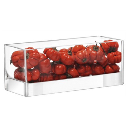 Eclectic LSA International clear glass rectangular modular centrepiece tray filled with small red decorative pumpkins