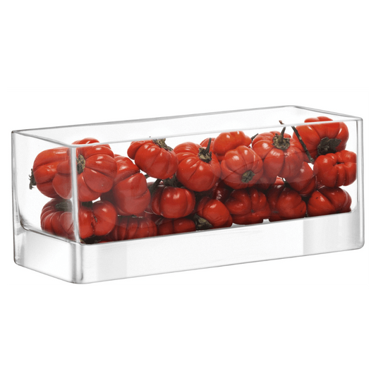 Eclectic LSA International clear glass rectangular modular centrepiece tray filled with small red decorative pumpkins