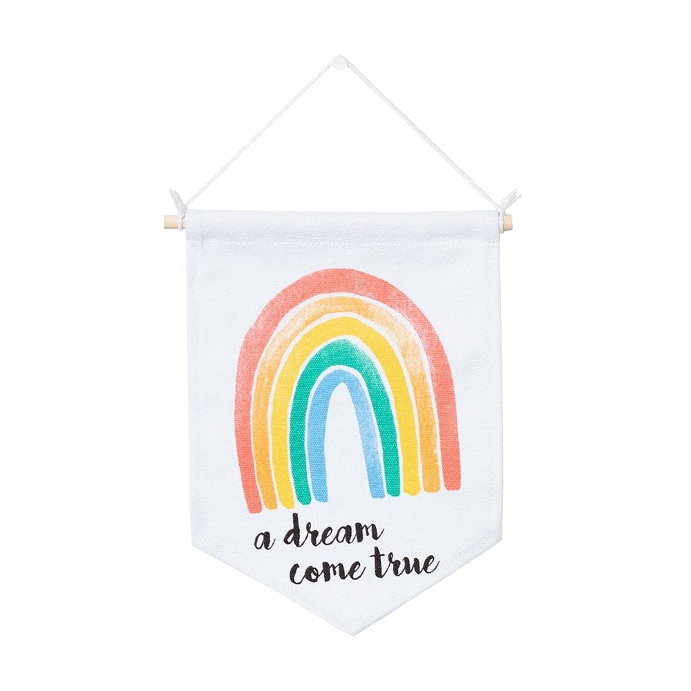 Eclectic Lulujo cotton canvas nursery wall banner featuring a colourful rainbow print and the text a dream come true