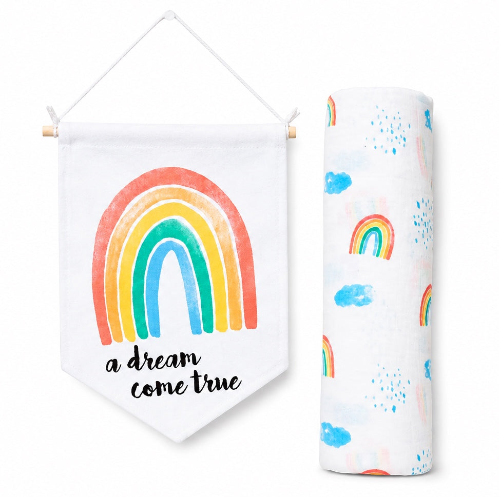 Eclectic Lulujo Rainbow Sky cotton muslin swaddle and Dream wall banner nursery gift set with rainbow print