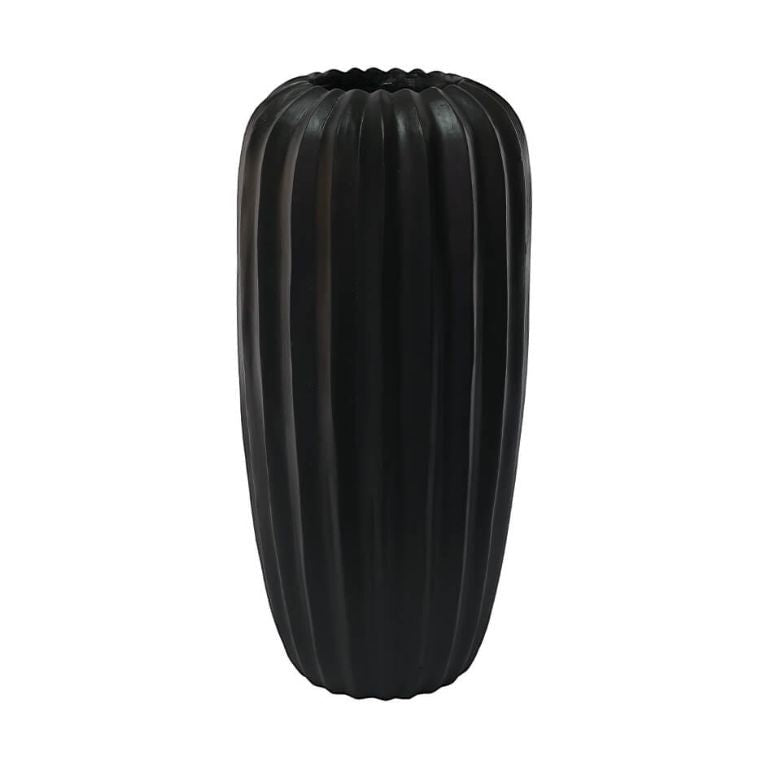 Eclectic 50cm tall matte black fluted fibrestone vase with a sculptural architectural silhouette.