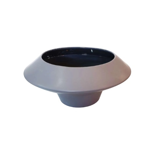 Eclectic wide matte grey ceramic vase with a low flared silhouette and contrasting dark interior for modern decor.