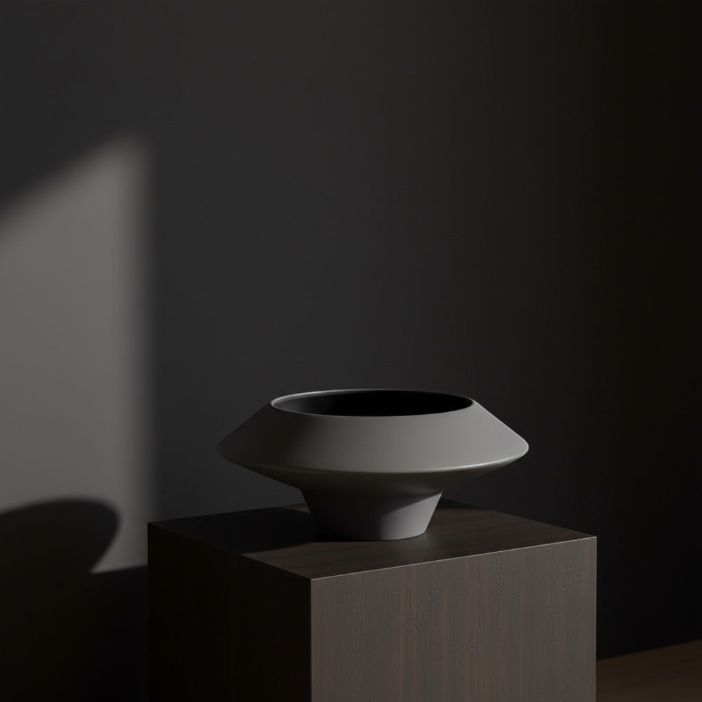Eclectic wide matte grey ceramic vase with a low flared silhouette and dark interior on a dark wooden pedestal.