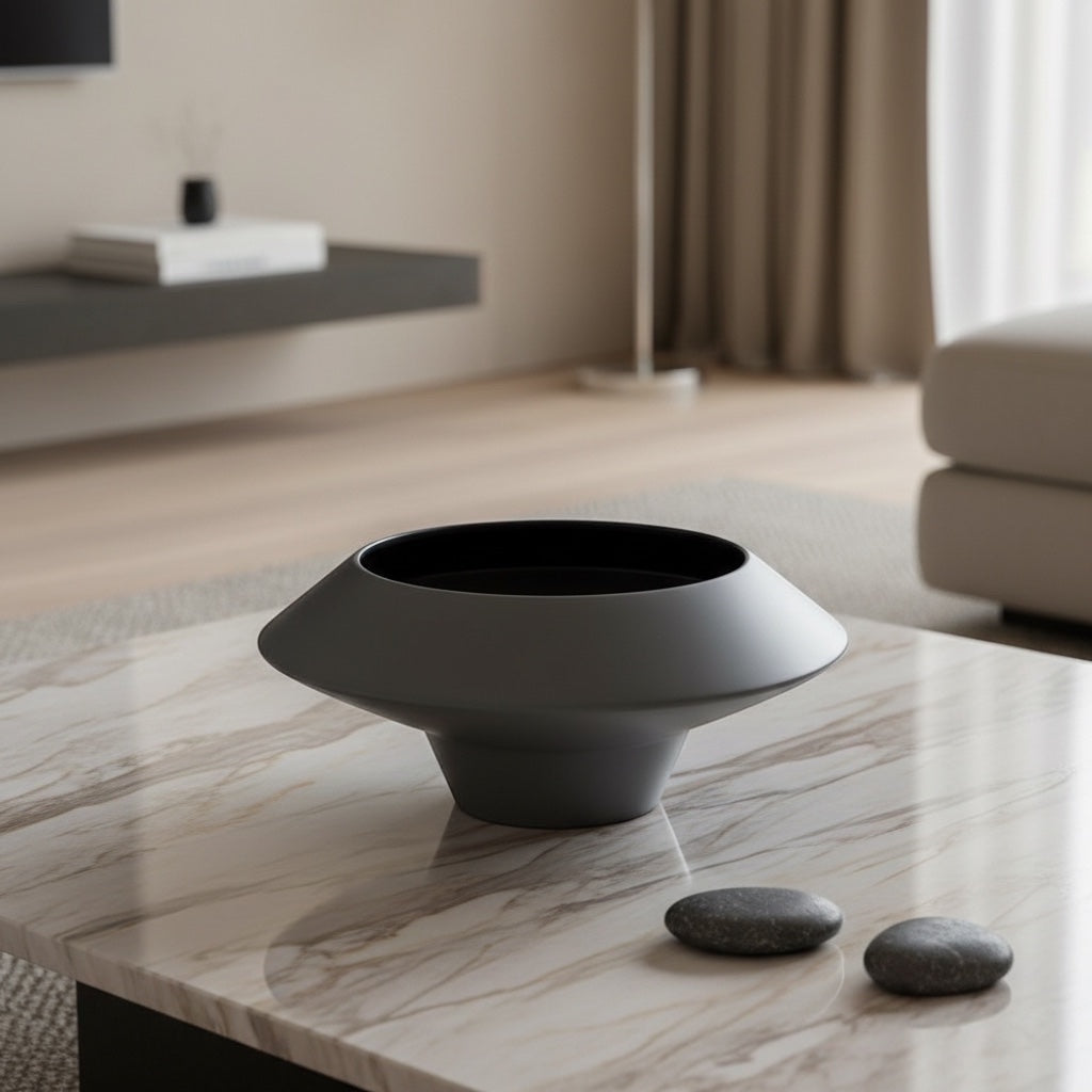 Eclectic wide matte grey ceramic vase with a flared sculptural silhouette and dark interior on a marble coffee table