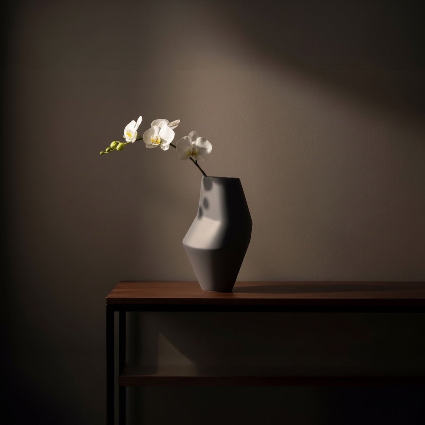 Eclectic tall matte grey ceramic vase with a faceted geometric design holding a white orchid on a wooden console table
