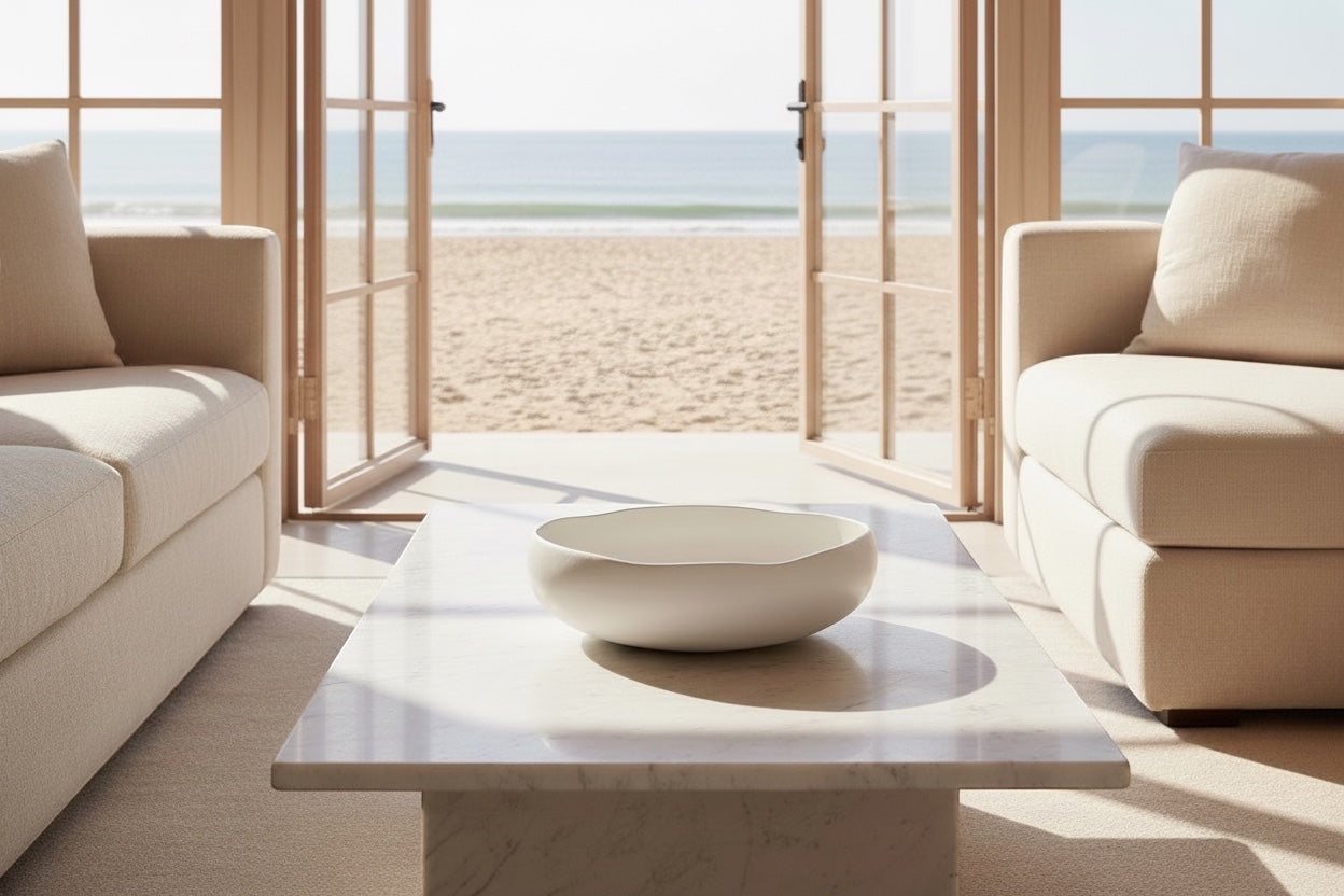 Eclectic Médard de Noblat Oslo stoneware bowl with matte linen exterior and glossy white interior on a marble table.