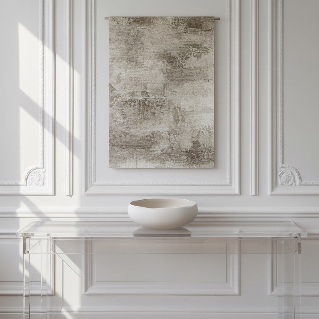 Eclectic Médard de Noblat Oslo stoneware serving bowl with matte white exterior on a clear console table