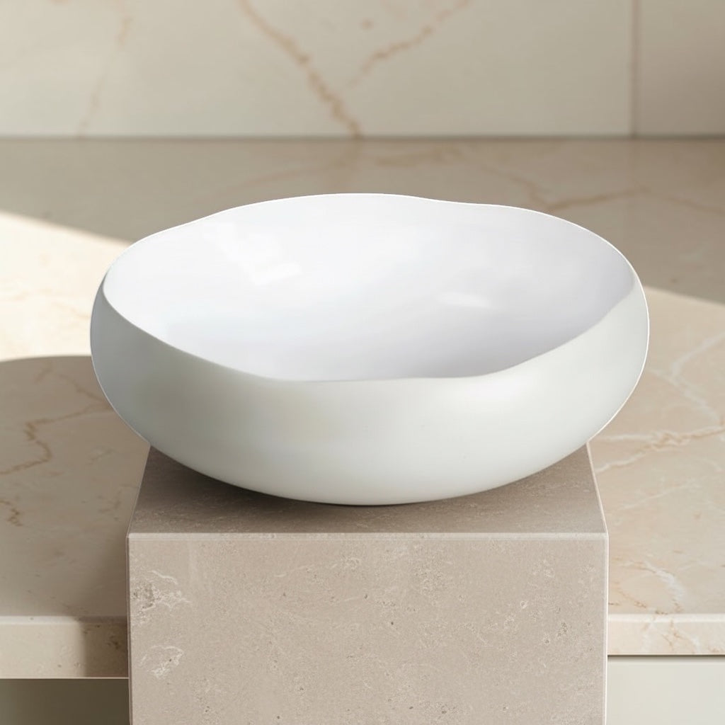 Eclectic Médard de Noblat Oslo stoneware serving bowl with a matte linen exterior and glossy white interior.