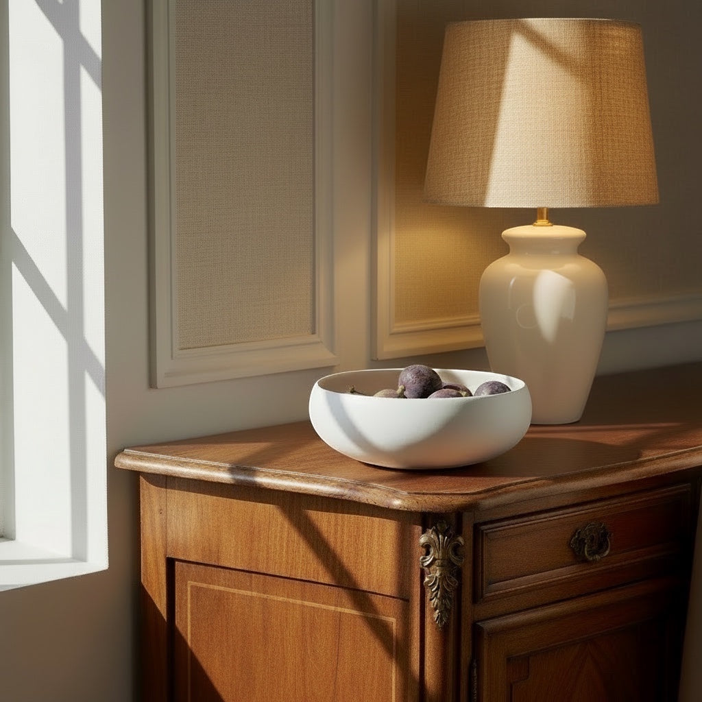 Eclectic Médard de Noblat Oslo stoneware serving bowl in matte white with linen interior on a wooden console table