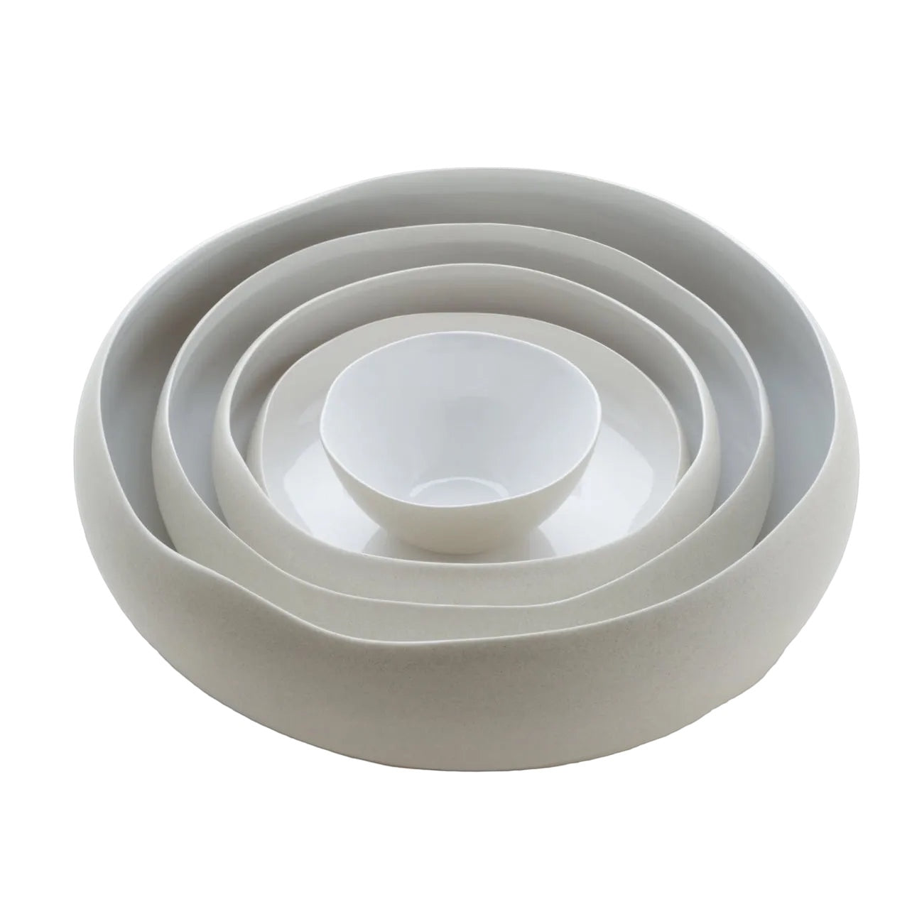 Eclectic Médard de Noblat Oslo stoneware serving bowls with matte linen exterior and glossy white interior