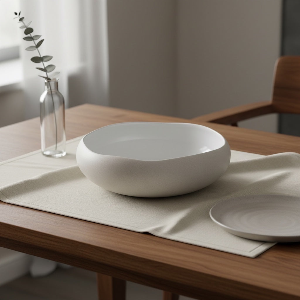 Eclectic Médard de Noblat Oslo white stoneware serving bowl with matte exterior and glossy interior on a wooden table
