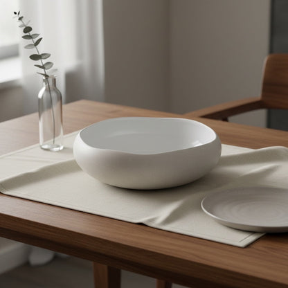 Eclectic Médard de Noblat Oslo white stoneware serving bowl with matte exterior and glossy interior on a wooden table
