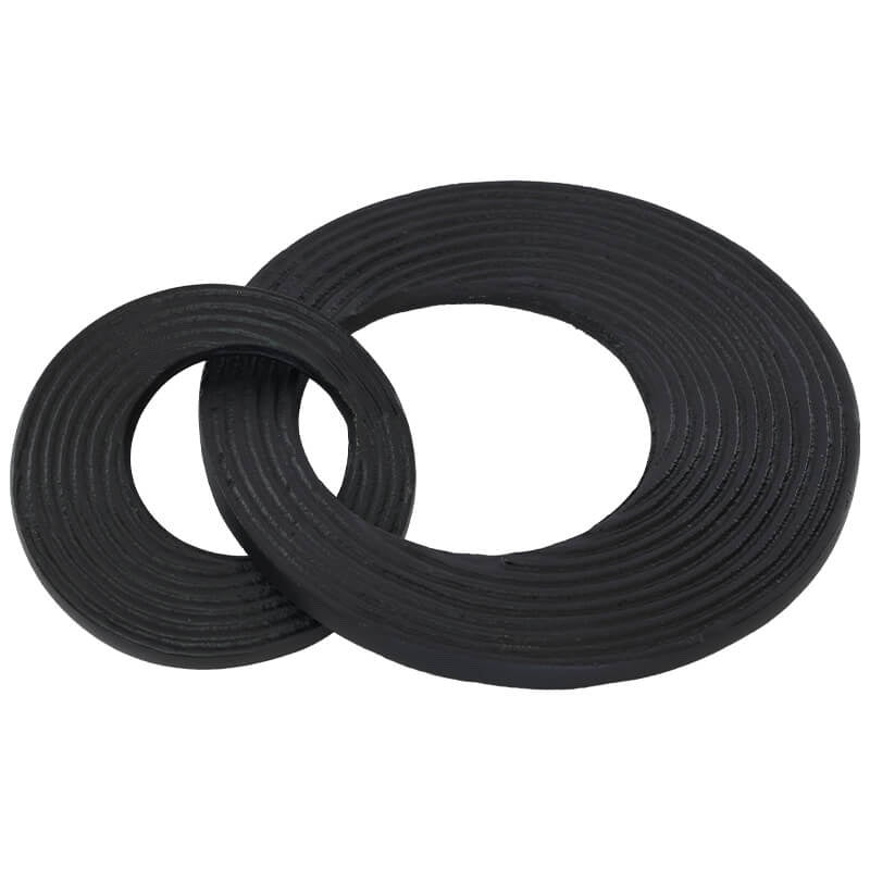Eclectic metal ring decorative object set in matte black with textured circular interlocking forms for modern decor.