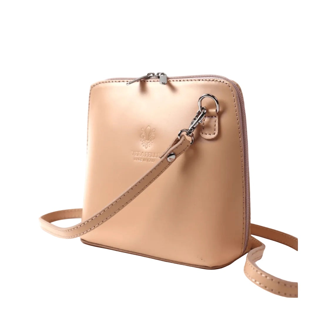 Eclectic Mini Milano crossbody bag in beige smooth Italian leather with silver hardware and detachable strap.