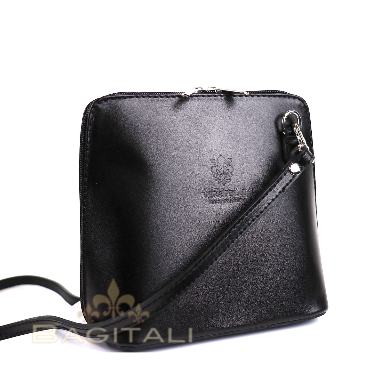 Eclectic Mini Milano black smooth Italian leather crossbody bag with silver hardware and adjustable strap