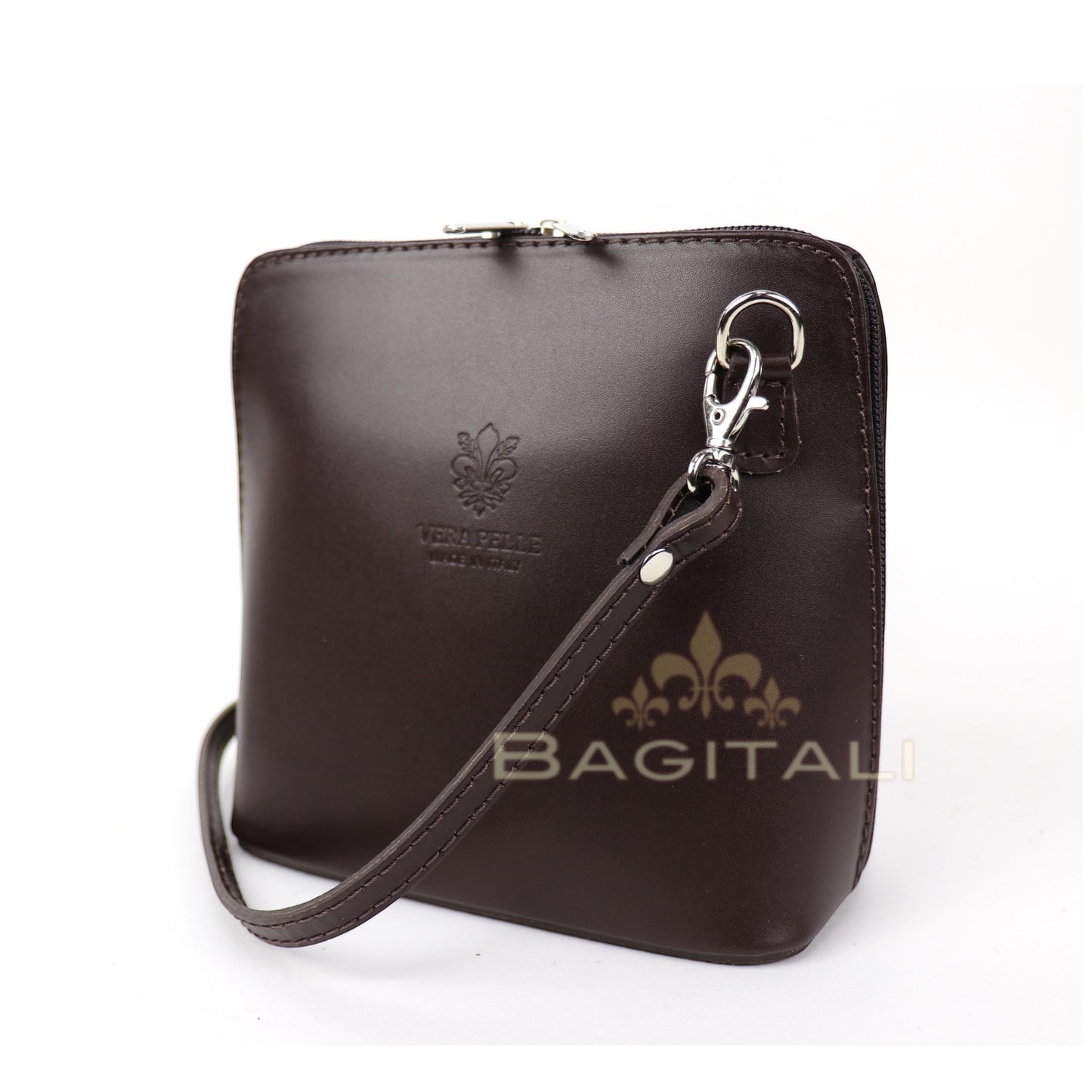 Eclectic Mini Milano dark brown smooth Italian leather crossbody bag with silver hardware and detachable strap