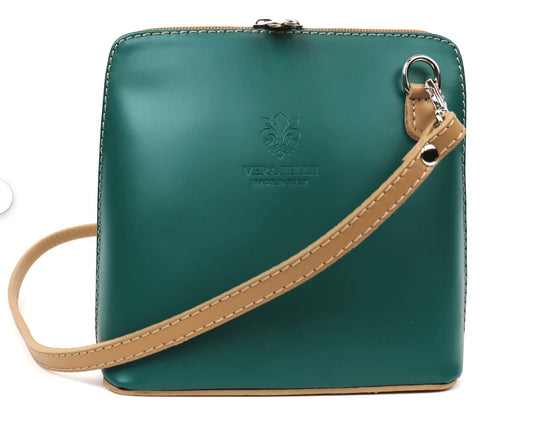 Eclectic Mini Milano crossbody bag in green smooth Italian leather with tan strap and silver-tone hardware.