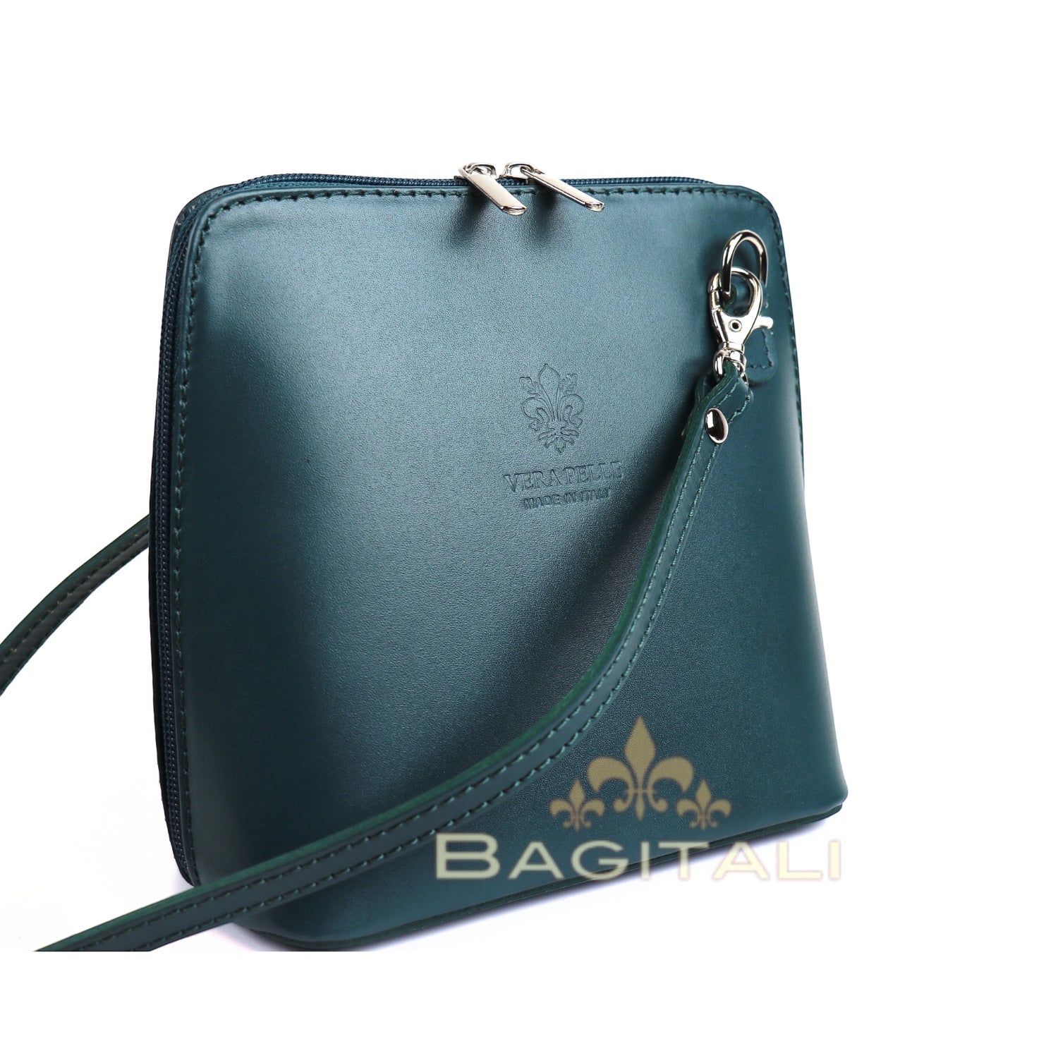 Eclectic Mini Milano crossbody bag in dark green smooth Italian leather with silver hardware and detachable strap