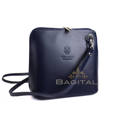 Eclectic Mini Milano navy blue smooth Italian leather crossbody bag with silver hardware and detachable strap.